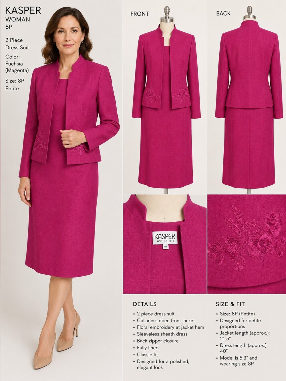 Kasper 2-Piece Fuchsia Pink Skirt Suit 8P Petite Jacket Career Church Dress Set